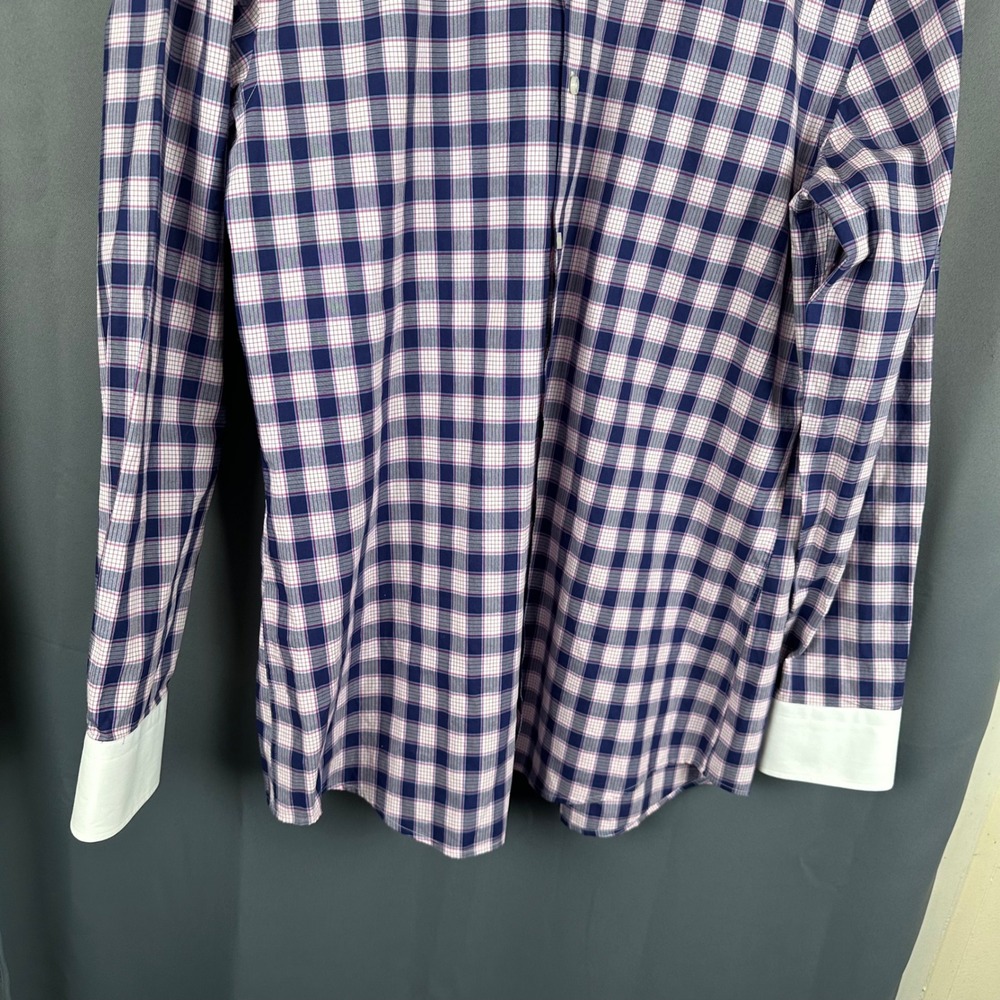 Hugo Boss Mens Slim Fit Check Dress Shirt Navy Pink White Collar 16 41 - Picture 3 of 9